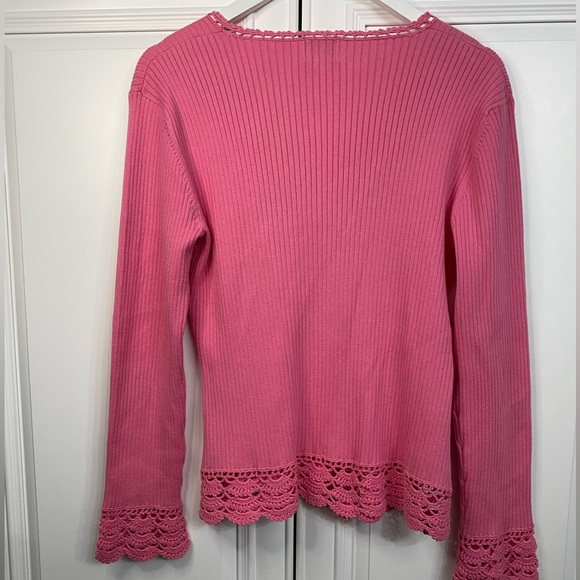 Cleo Women’s Size Large Pink Cardigan V Neck Crochet Hem Cuffs Ribbed - Picture 9 of 12